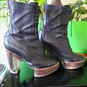 Black high heel lace up designer boots, Japan made Mihara Yasuhiro